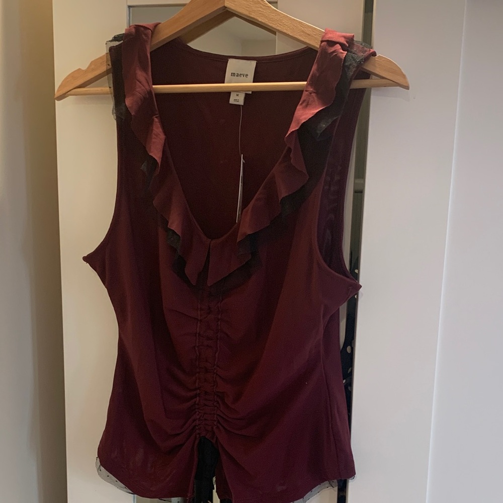 NWT Maeve Anthropologie Deep Red Gathered Ruffle Women's Tank